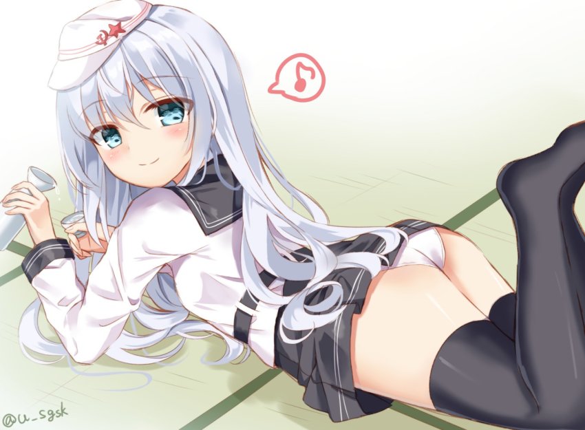 black_thighhighs blue_eyes bottle choko_(cup) cup hat hibiki_(kancolle) kantai_collection long_hair long_sleeves looking_at_viewer looking_back panties sake_bottle school_uniform serafuku solo sugisaki_yuu thighhighs tokkuri underwear verniy_(kancolle) white_hair white_hat white_panties