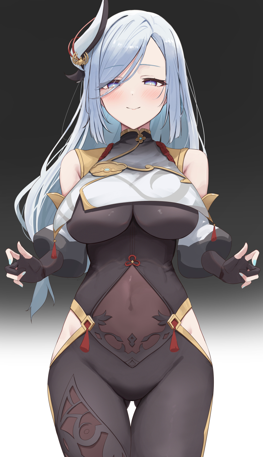 1girl absurdres black_background black_bodysuit blue_eyes blush bodysuit breasts closed_mouth covered_navel genshin_impact gluteal_fold hair_ornament hands_up highres hip_vent kunizaki large_breasts looking_at_viewer shenhe_(genshin_impact) simple_background skin_tight solo tassel thigh_gap white_hair