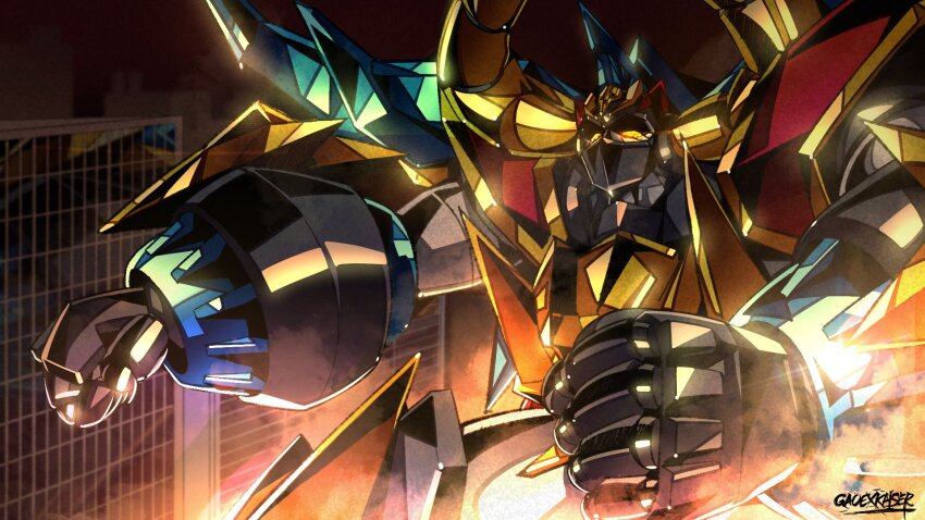 armor city cityscape fighting_stance full_armor gaiking gaiking:_legend_of_daikuu_maryuu gaiking_the_great gao_ex_kaiser gattai highres horns humanoid_robot mask mecha mecha_focus mouth_mask no_humans robot solo squatting yellow_eyes