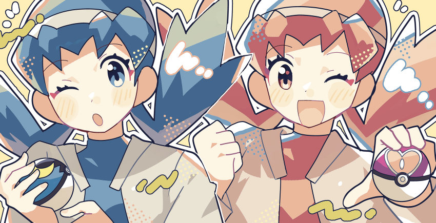 2girls ;d ;o alternate_color anidler91 blue_eyes blue_hair blue_hat blue_shirt clenched_hand hat highres holding holding_poke_ball jacket kris_(pokemon) long_hair long_sleeves love_ball moon_ball multiple_girls nintendo no_sclera one_eye_closed open_clothes open_jacket open_mouth outline pink_eyes pink_hair pink_hat pink_shirt poke_ball pokemon pokemon_gsc shirt smile twintails white_jacket white_outline yellow_background