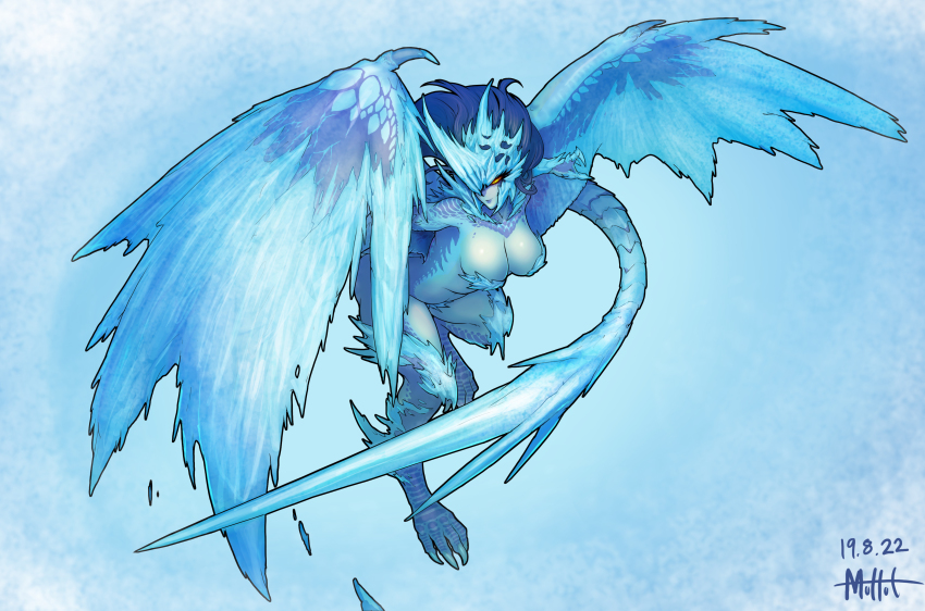 1girl 2022 absurdres artist_name blue_background blue_hair blue_scales blue_skin blue_theme blue_wings breasts claws closed_mouth colored_sclera colored_skin completely_nude dated digitigrade dragon_girl dragon_tail dragon_wings fingernails flying hands_up highres large_breasts leg_up long_hair monster_girl monster_hunter:_world monster_hunter_(series) muhut nude orange_sclera personification scales sharp_fingernails simple_background slit_pupils tail velkhana wings yellow_eyes