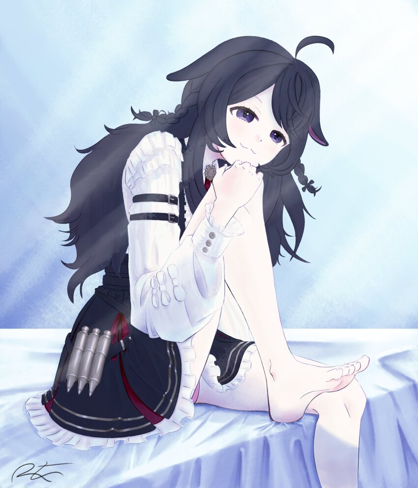 absurdres ahoge artist_request black_dress black_eyes black_hair braid dress feet highres long_hair pen phase_connect pipkin_pippa pipkin_pippa_(shipkin_shippa) rabbit_ears soles toes virtual_youtuber