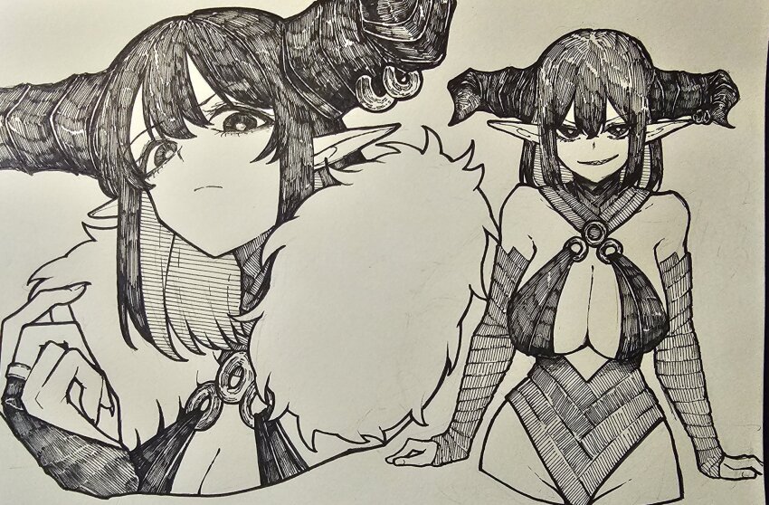 1girl breasts cleavage epeulu_(ate5424) highres horns large_breasts monochrome multiple_views o-ring o-ring_top original pointy_ears traditional_media