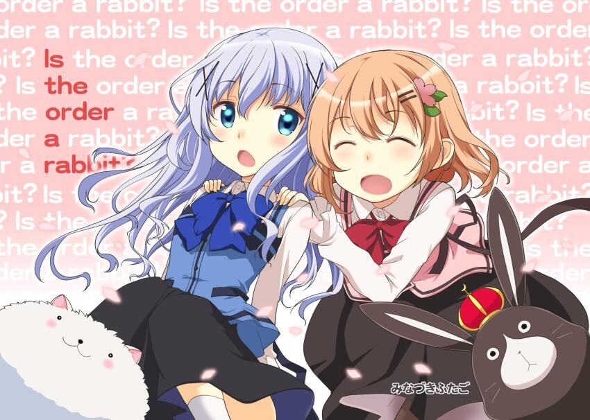 2girls :o angora_rabbit anko_(gochiusa) apron black_skirt blue_apron blue_bow blue_eyes blue_hair blue_theme bow collared_shirt dot_nose flower gochuumon_wa_usagi_desu_ka? grabbing_another&#039;s_shoulder grabbing_from_behind hair_flower hair_ornament hair_tie hairclip highres leaning_forward long_sleeves minazuki_futago multiple_girls orange_hair pink_apron rabbit rabbit_house_uniform red_bow second-party_source shirt skirt socks thigh_peek tippy_(gochiusa) white_shirt white_socks winter_uniform x_hair_ornament