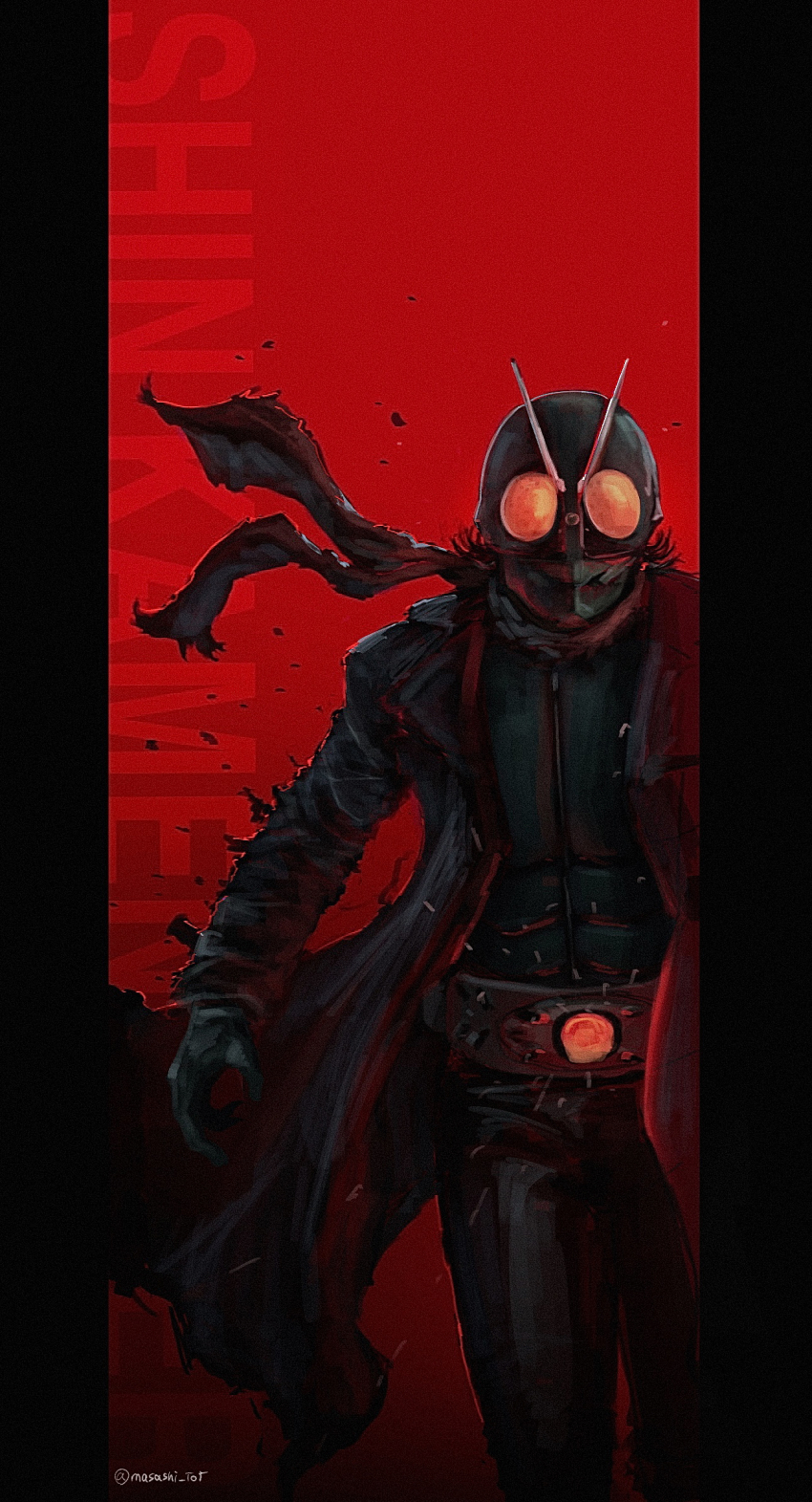 1boy black_coat black_hair bug character_name coat commentary compound_eyes floating_scarf grasshopper highres insect kamen_rider kamen_rider_1 kamen_rider_1_(shin) letterboxed male_focus masashi_toy open_clothes open_coat red_eyes red_scarf rider_belt scarf shin_kamen_rider tokusatsu typhoon_(kamen_rider) v-fin