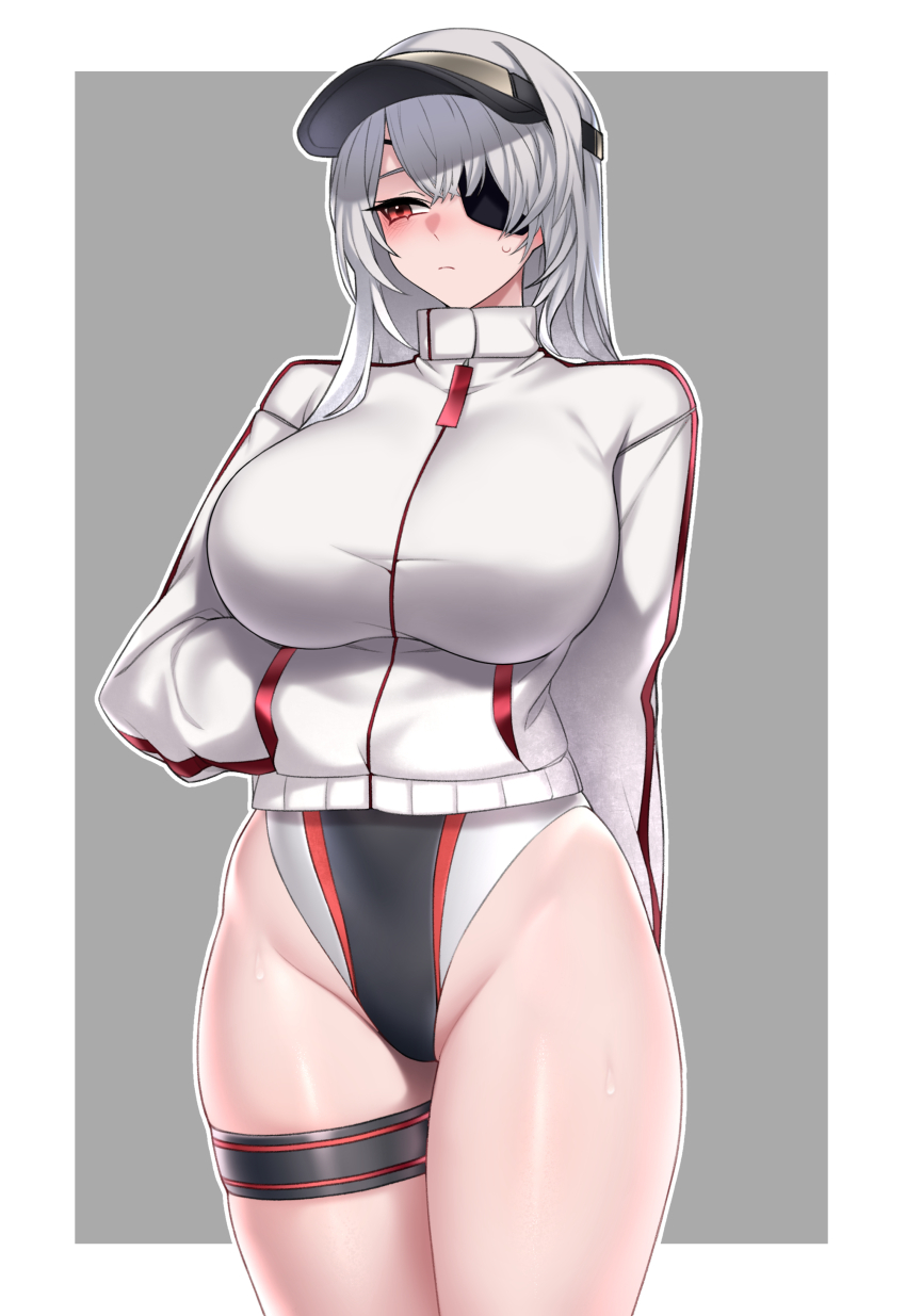 1girl absurdres border breasts closed_mouth commission curvy dogs_(dlrkdejr26) evelyn_(neural_cloud) evelyn_(steel_shark_of_the_blue_sea)_(neural_cloud) eyepatch girls&#039;_frontline girls&#039;_frontline_neural_cloud grey_background hand_in_jacket highres jacket jacket_over_swimsuit large_breasts long_hair looking_to_the_side one-piece_swimsuit red_eyes solo sweatdrop swimsuit thigh_strap visor_cap wet white_border white_hair white_jacket