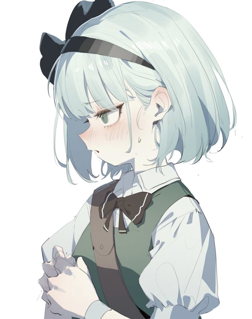 1girl black_bow black_bowtie blush bow bowtie ear_blush embarrassed from_side green_vest grey_eyes grey_hair hairband heoningu highres konpaku_youmu looking_to_the_side medium_hair open_mouth own_hands_together shirt short_sleeves solo touhou upper_body vest white_background white_shirt