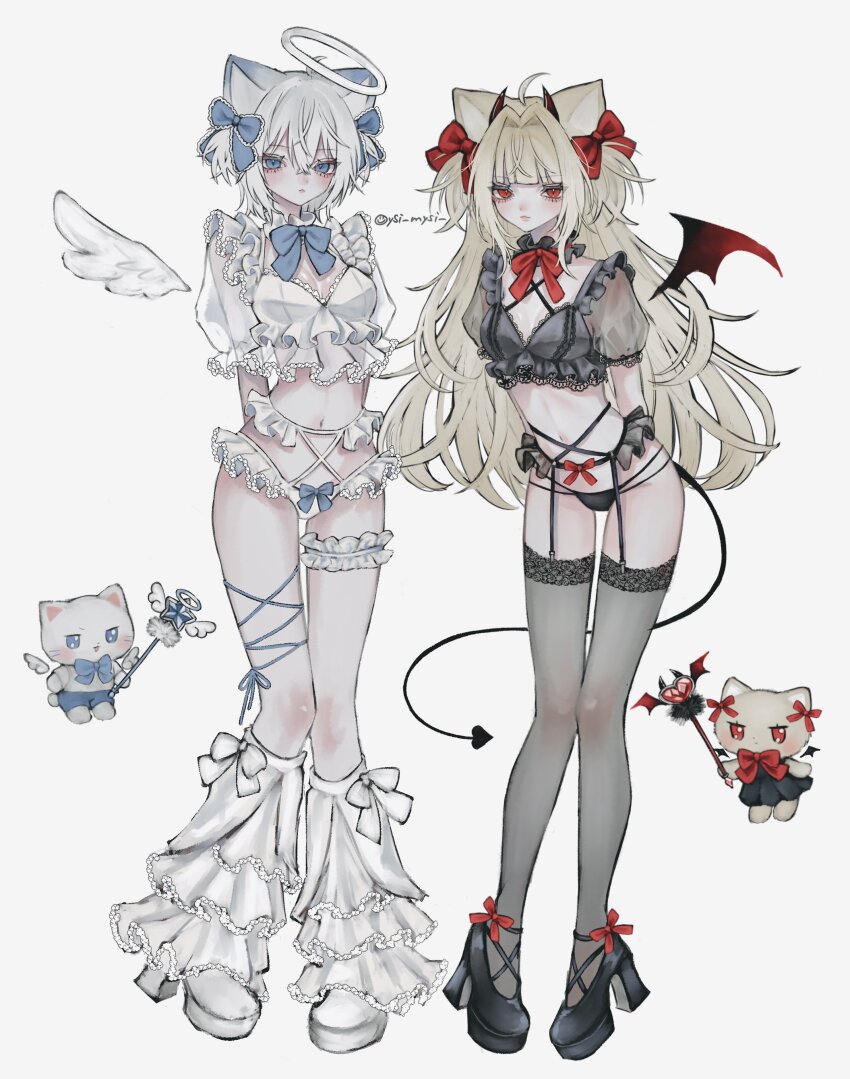 2girls absurdres ahoge animal_ears ankle_bow ankle_ribbon ankle_strap arms_behind_back black_shirt black_shoes black_thighhighs blonde_hair blue_bow blue_eyes blue_ribbon blunt_bangs boots bow bow_panties breasts cat cat_ears cat_girl closed_mouth collar cropped_shirt demon_girl demon_horns demon_tail demon_wings detached_collar expressionless eyelashes footwear_ribbon frilled_collar frilled_panties frilled_shirt frilled_thigh_strap frills full_body garter_belt grey_background hair_between_eyes hair_bow halo high_heels highres horns lace lace-trimmed_bow lace-trimmed_thighhighs lace_trim leg_ribbon long_hair looking_at_viewer lulu_(oysi_mysi) medium_breasts medium_hair multiple_girls multiple_hair_bows navel neck_ribbon original oysi_mysi panties puffy_short_sleeves puffy_sleeves red_eyes red_ribbon ribbon see-through_clothes see-through_sleeves shirt shoes short_sleeves simple_background slit_pupils small_breasts sparkle sparkling_aura stomach tail thigh_gap thigh_ribbon thigh_strap thighhighs twitter_username two_side_up underwear very_long_hair wand white_background white_boots white_bow white_hair white_halo white_panties white_shirt white_wings wings yuki_(oysi_mysi)