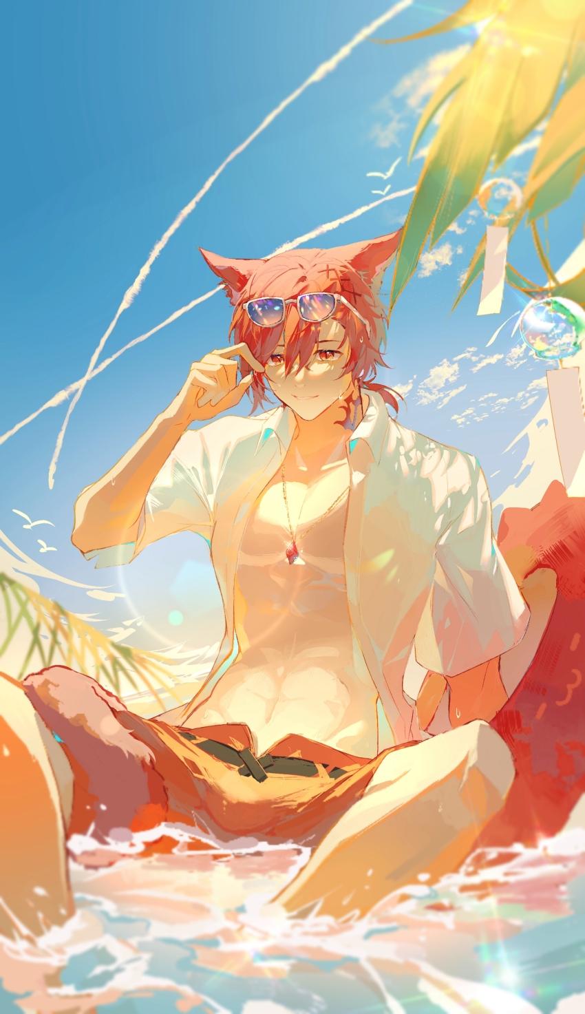 1boy absurdres animal_ears archon_mark arm_support beach bird cat_boy cat_ears cat_tail chinese_commentary cloud collared_shirt day distrail eyewear_on_head facial_mark feet_out_of_frame final_fantasy final_fantasy_xiv g&#039;raha_tia hair_between_eyes hand_up highres holding holding_own_hair holding_swim_ring innertube jewelry lens_flare looking_at_viewer low_ponytail male_focus male_swimwear miqo&#039;te nash5 neck_tattoo ocean open_clothes open_shirt outdoors palm_tree parted_lips pectorals pendant ponytail red_eyes red_hair shallow_water shirt short_hair short_sleeves sitting slit_pupils smile soaking_feet solo sunglasses sunlight swim_ring swim_trunks tail tattoo tree water wet wet_hair white_shirt wind_chime