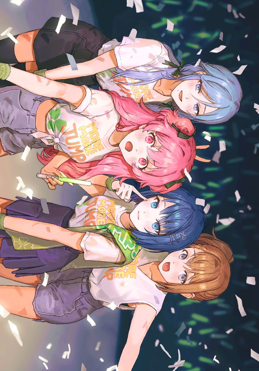 4girls blue_eyes blue_hair brown_hair dutch_angle hanasato_minori highres hinomori_shizuku kiritani_haruka long_hair looking_at_viewer momoi_airi multiple_girls open_mouth pink_eyes pink_hair ponytail potienotforty project_sekai shirt short_hair shorts skirt smile thighhighs white_shirt