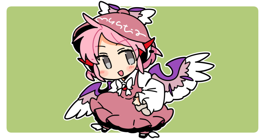 1girl :d animal_ear_piercing animal_ears bird_ears bird_wings black_shoes blush border brown_dress brown_hat brown_socks chibi chibi_only commentary_request dress earrings full_body green_background grey_eyes hand_on_own_hip hat ini_(inunabe00) jewelry long_sleeves looking_at_viewer mystia_lorelei open_mouth outline outside_border pink_hair shirt shoes short_hair simple_background single_earring sleeve_garter smile socks solo touhou white_border white_outline white_shirt winged_hat winged_shoes wings