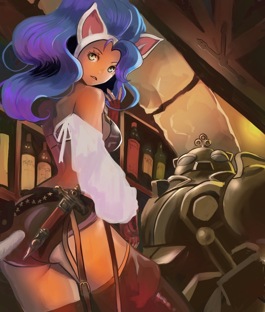 1girl alcohol animal_ears ass back bare_shoulders blue_hair bottle capcom cat_ears cat_tail dark-skinned_female dark_skin felicia_(darkstalkers) fingerless_gloves gloves green_eyes highres knife long_hair meke_(77842928) no_claws huitzil_(darkstalkers) pirate robot short_shorts shorts tail thighs darkstalkers very_long_hair