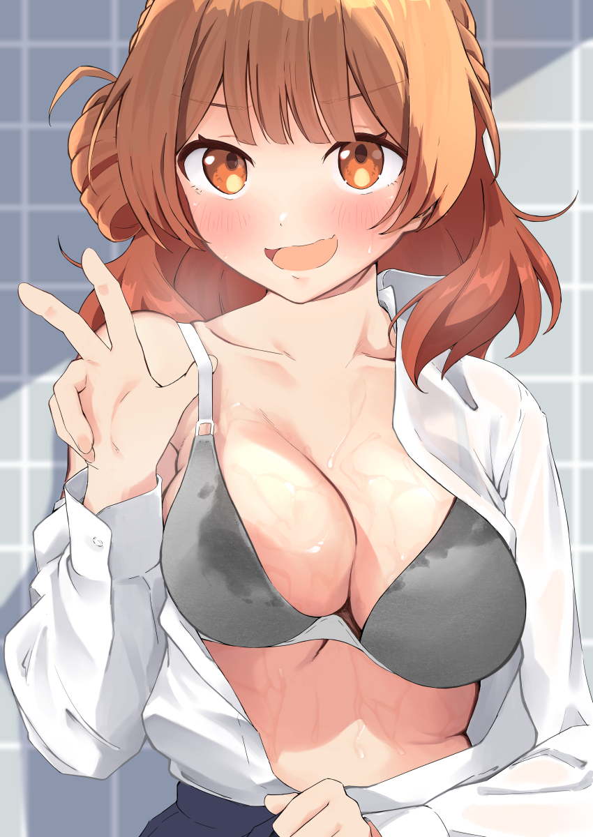 1girl absurdres ahoge blue_skirt blush bra breasts brown_hair cleavage commentary_request gakuen_idolmaster gradient_hair grey_bra hanami_ume highres idolmaster ikedama_(mxej5278) looking_at_viewer medium_breasts medium_hair multicolored_hair open_clothes open_shirt orange_hair shirt skirt smile solo sweatdrop tile_wall tiles underwear undressing undressing upper_body w wet wet_clothes wet_shirt white_shirt