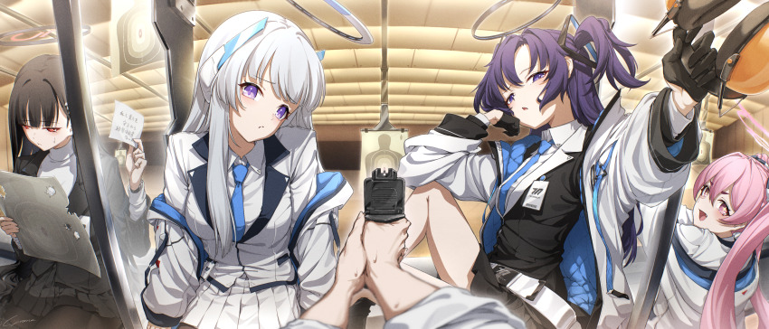 1boy 4girls absurdres aiming belt black_gloves black_hair black_jacket black_pantyhose black_skirt blue_archive blue_necktie bullet_hole closed_mouth collared_shirt commentary_request ear_protection gloves gun hair_ornament halo handgun highres holding holding_paper holding_weapon id_card indoors jacket jacket_partially_removed koyuki_(blue_archive) long_hair looking_at_viewer mechanical_halo millennium_science_school_logo multiple_girls necktie noa_(blue_archive) note pantyhose paper pink_eyes pink_hair pink_halo pleated_skirt purple_eyes purple_hair red_eyes rio_(blue_archive) sensei_(blue_archive) shirt shooting_range silhouette_target skirt sleeves_rolled_up target target_practice triangle_hair_ornament twintails weapon white_belt white_hair white_shirt white_skirt yo_na yuuka_(blue_archive)