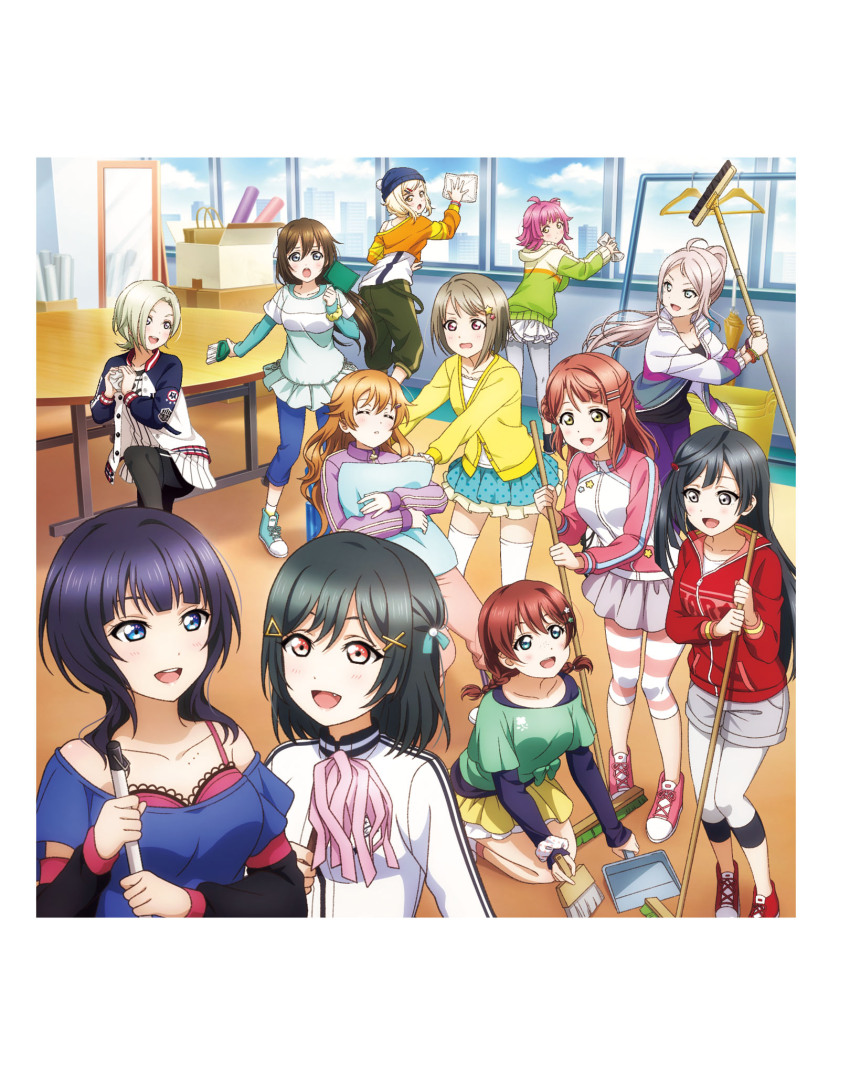 6+girls artbook asaka_karin black_hair black_pantyhose blonde_hair blue_eyes blue_skirt bra broom brown_hair cleaning emma_verde fang freckles green_hair green_shirt grey_eyes grey_hair grey_pantyhose grey_shirt hair_ornament hat highres holding holding_mop jacket konoe_kanata long_hair love_live! love_live!_nijigasaki_high_school_idol_club medium_hair mia_taylor mifune_shioriko miyashita_ai mop multiple_girls nakasu_kasumi non-web_source official_art orange_eyes osaka_shizuku pants pantyhose pink_bra pink_eyes pink_hair pink_pants pink_skirt purple_eyes purple_hair purple_jacket purple_shirt red_eyes red_jacket shirt short_hair skirt tennoji_rina thighhighs uehara_ayumu underwear white_jacket white_thighhighs yellow_eyes yellow_jacket yellow_skirt yuki_setsuna zettai_ryouiki zhong_lanzhu