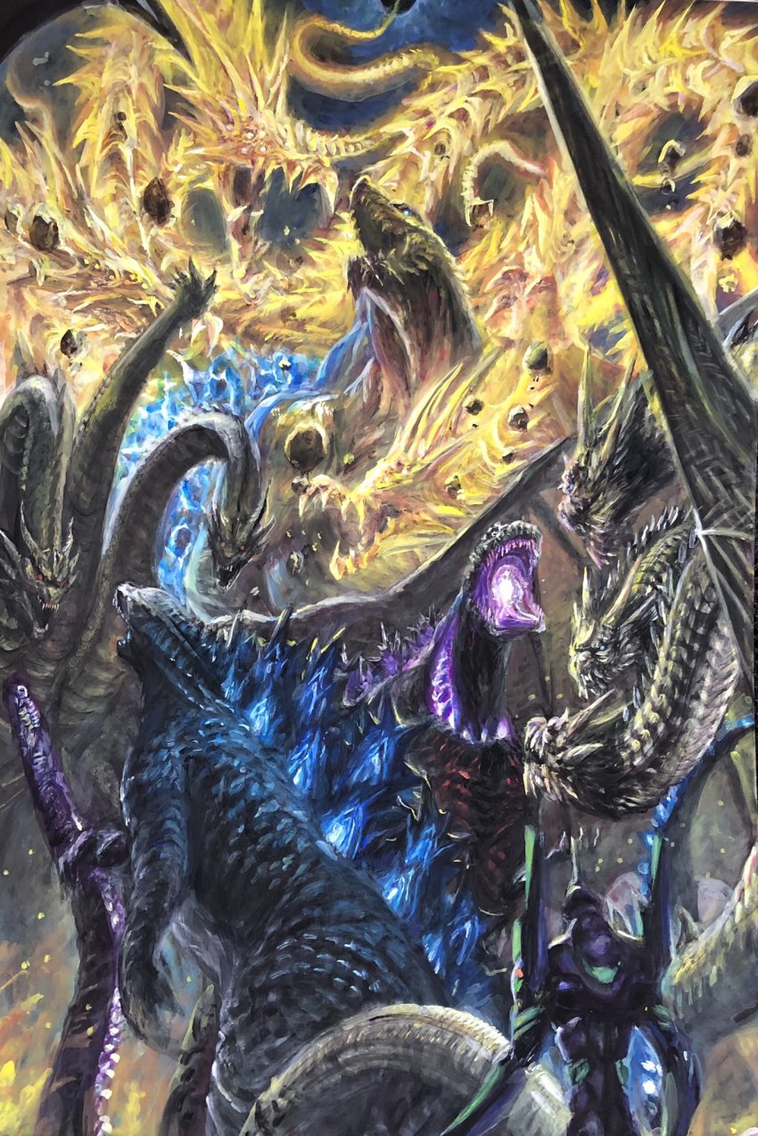 alien battle bioluminescence crossover dark_sky debris electricity_elemental elemental_(creature) energy energy_being epic eva_01 extradimensional_being fangs flying g.n.a ghidorah_(shin) glowing glowing_eyes godzilla godzilla:_king_of_the_monsters godzilla:_planet_of_the_monsters godzilla_(monsterverse) godzilla_(series) godzilla_(shin) godzilla_earth highres kaiju king_ghidorah king_ghidorah_(monsterverse) legendary_pictures light_elemental lightning_elemental mecha monster monsterverse multiple_heads multiple_persona neon_genesis_evangelion polygon_pictures robot rock shin_godzilla space_monster spines tail toho