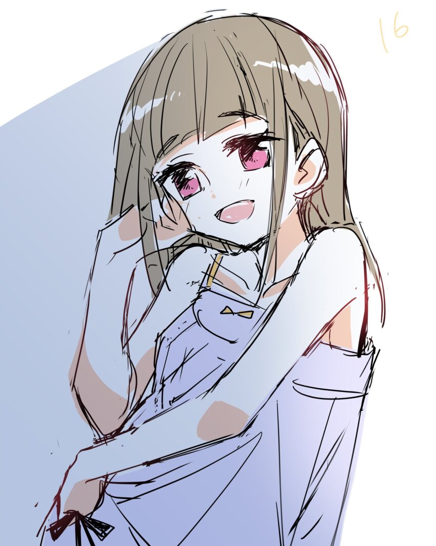 1girl :d alternate_costume bare_shoulders blunt_bangs blush brown_hair character_age collarbone commentary_request hand_up highres kachimachi_kosuzu kanduki_kamibukuro link!_like!_love_live! long_hair looking_at_viewer love_live! nightgown open_mouth pink_eyes purple_nightgown sidelocks sketch smile solo straight_hair upper_body virtual_youtuber