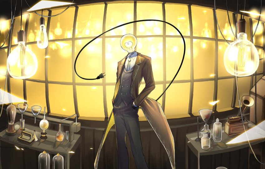 1other black_gloves black_pants brooch brown_coat buttons cable coat collared_shirt commentary_request contrapposto den_a_rue double-breasted dress_pants dress_shirt electric_plug electric_plug_tail facing_viewer fisheye flask formal_clothes funnel_(tool) gloves hands_in_pockets head_tilt hoshi_mori indie_virtual_youtuber indoors jewelry light_bulb long_coat long_sleeves object_head official_art other_focus panorama pants phonograph second-party_source shirt solo standing suit tail virtual_youtuber volumetric_flask white_shirt wing_collar
