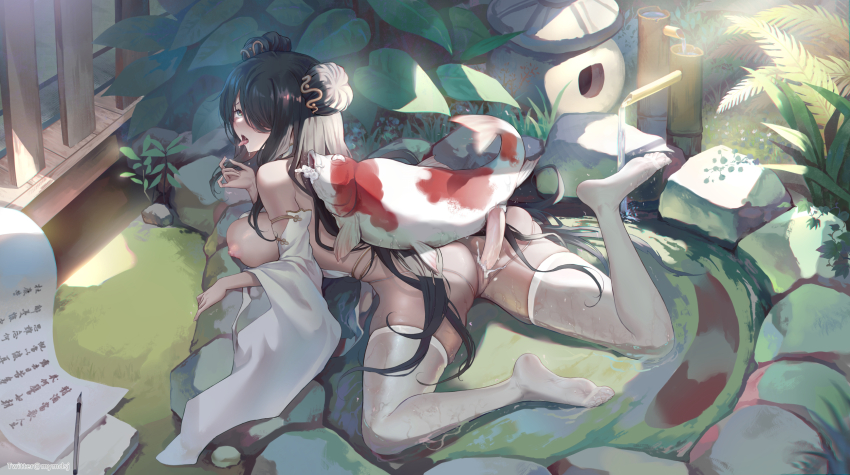 1girl ahegao ass azur_lane bestiality black_hair breasts calligraphy calligraphy_brush censored china_dress chinese_clothes chinese_commentary dark-skinned_female dark_skin detached_sleeves double_bun dress fish from_above full_body green_eyes hair_bun hair_over_one_eye highres large_breasts long_hair lying mixed-language_commentary mosaic_censoring nipples northampton_(azur_lane) northampton_ii_(azur_lane) northampton_ii_(comfy_crane_amidst_the_clouds)_(azur_lane) official_alternate_costume on_stomach outdoors paintbrush qisu see-through_clothes see-through_thighhighs solo thighhighs tongue tongue_out vaginal water white_dress white_sleeves white_thighhighs