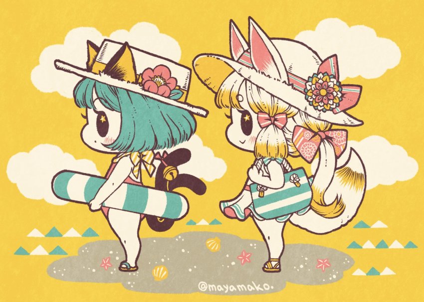 2girls animal_ears bag blonde_hair blue_eyes blush boater_hat cat_ears cat_tail cloud ears_through_headwear flower from_side hair_ribbon hat hat_flower imatomo_mahya innertube long_hair multiple_girls multiple_tails one-piece_swimsuit original profile ribbon sand sandals seashell shell short_hair shoulder_bag simple_background smile sun_hat swim_ring swimsuit tail two_tails yellow_background