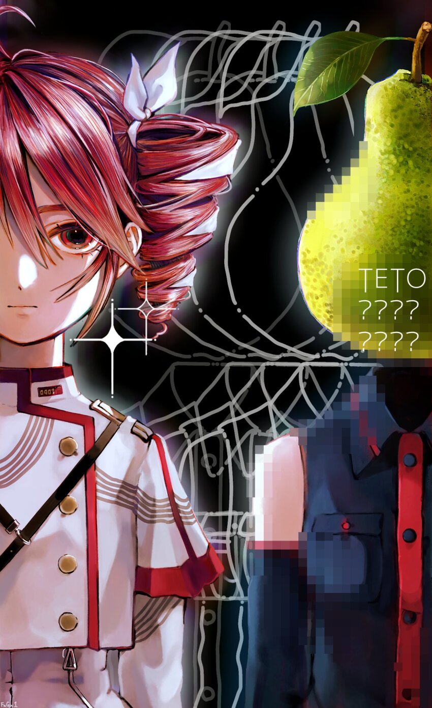 2girls ahoge bag black_background black_shirt black_sleeves bow breast_pocket buttons collared_shirt detached_sleeves drill_hair dual_persona expressionless food fruit fugu_2526 grey_jacket grey_skirt hair_between_eyes hair_bow hair_ribbon highres jacket kasane_teto kasane_teto_(sv) kasane_teto_(utau) layered_sleeves looking_at_viewer multiple_girls musical_staff musical_staff_print pear pearto pocket recurring_image red_eyes red_hair red_trim ribbon shirt shoulder_bag skirt sleeveless sleeveless_shirt straight-on striped_clothes striped_jacket synthesizer_v twin_drills upper_body utau white_bow white_ribbon wing_collar
