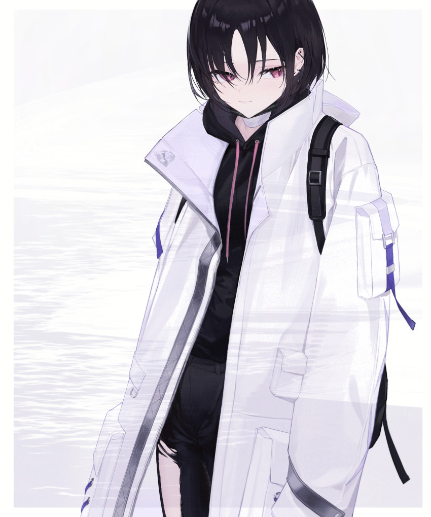 14yuruis 1girl absurdres bag bandaged_neck bandages black_bag black_hair black_hoodie black_mask black_pants blue_archive closed_mouth ear_piercing hair_between_eyes highres holding holding_bag hood hoodie jacket looking_to_the_side misaki_(blue_archive) pants piercing short_hair smile solo white_jacket