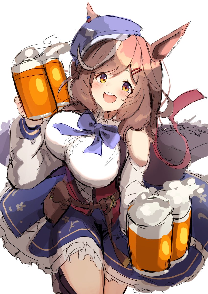 1girl absurdres alcohol animal_ears beer beer_mug breasts brown_hair newsboy_cap cup hair_ornament hairclip hat highres holding holding_cup horse_ears horse_girl horse_tail large_breasts looking_at_viewer matikane_tannhauser_(umamusume) medium_hair mug multicolored_hair open_mouth smile solo streaked_hair tail tsujiya_okuyasu umamusume yellow_eyes