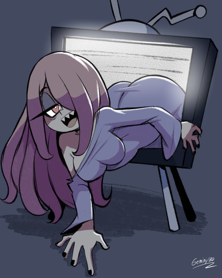 1girl ass bigdead breasts cosplay hair_over_one_eye highres little_witch_academia medium_breasts sucy_manbavaran television the_ring tv yamamura_sadako yamamura_sadako_(cosplay)