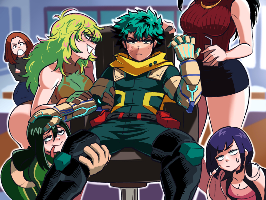 1boy 5girls asui_tsuyu audio_jack black_choker black_hair bodysuit boku_no_hero_academia breasts brown_hair choker cleavage freckles frog_girl green_bodysuit green_eyes green_hair green_jumpsuit hagakure_toru highres jewelry jiro_kyoka jumpsuit long_earlobes long_hair midoriya_izuku multiple_girls necklace pink_shirt pink_streaks purple_hair red_sweater scarf shirt sitting sleeveless sleeveless_sweater superhero_costume sweatdrop sweater tina_fate uraraka_ochaco yaoyorozu_momo yellow_scarf