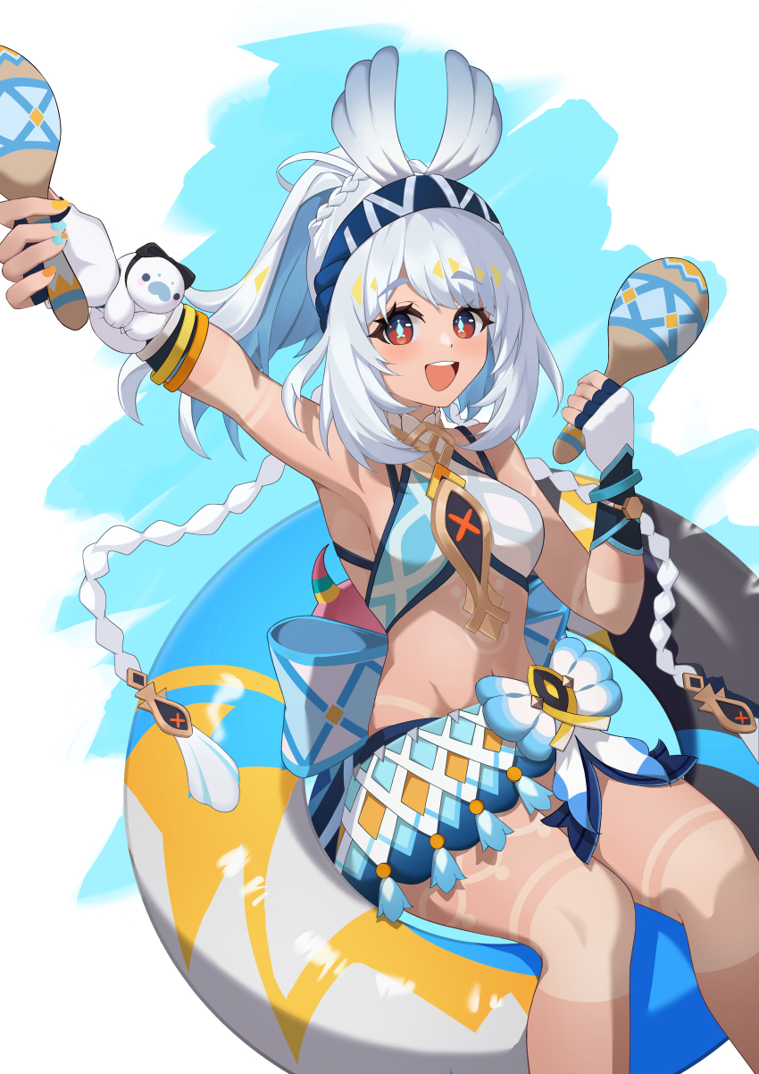 1girl :d absurdres bandeau bare_shoulders blue_bandeau blue_eyes blue_hair blue_hairband blue_nails blue_pupils body_markings braid commentary feet_out_of_frame fingerless_gloves fish-shaped_pupils genshin_impact gloves hairband highres holding holding_instrument holding_maracas instrument kurosti looking_at_viewer low_twin_braids maracas medium_hair mualani_(genshin_impact) multicolored_eyes multicolored_nails nail_polish navel open_mouth orange_eyes outstretched_arm simple_background sitting smile solo stomach swim_ring tan twin_braids two-tone_eyes white_background white_gloves yellow_nails