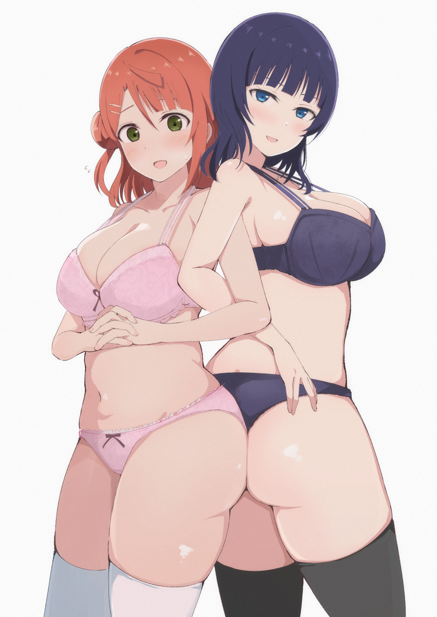 2girls absurdres asaka_karin ass-to-ass bra breasts highres love_live! love_live!_nijigasaki_high_school_idol_club multiple_girls navel non-web_source panties pink_bra pink_hair pink_panties purple_bra purple_hair purple_panties simple_background thighhighs uehara_ayumu underwear underwear_only wewe white_background
