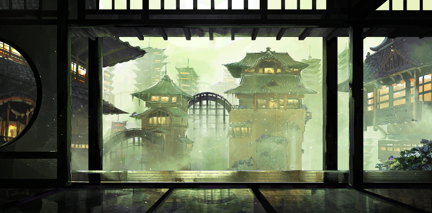 architecture building bush city commentary_request east_asian_architecture flower highres light_particles moon_gate no_humans original outdoors purple_flower scenery shizui_fen