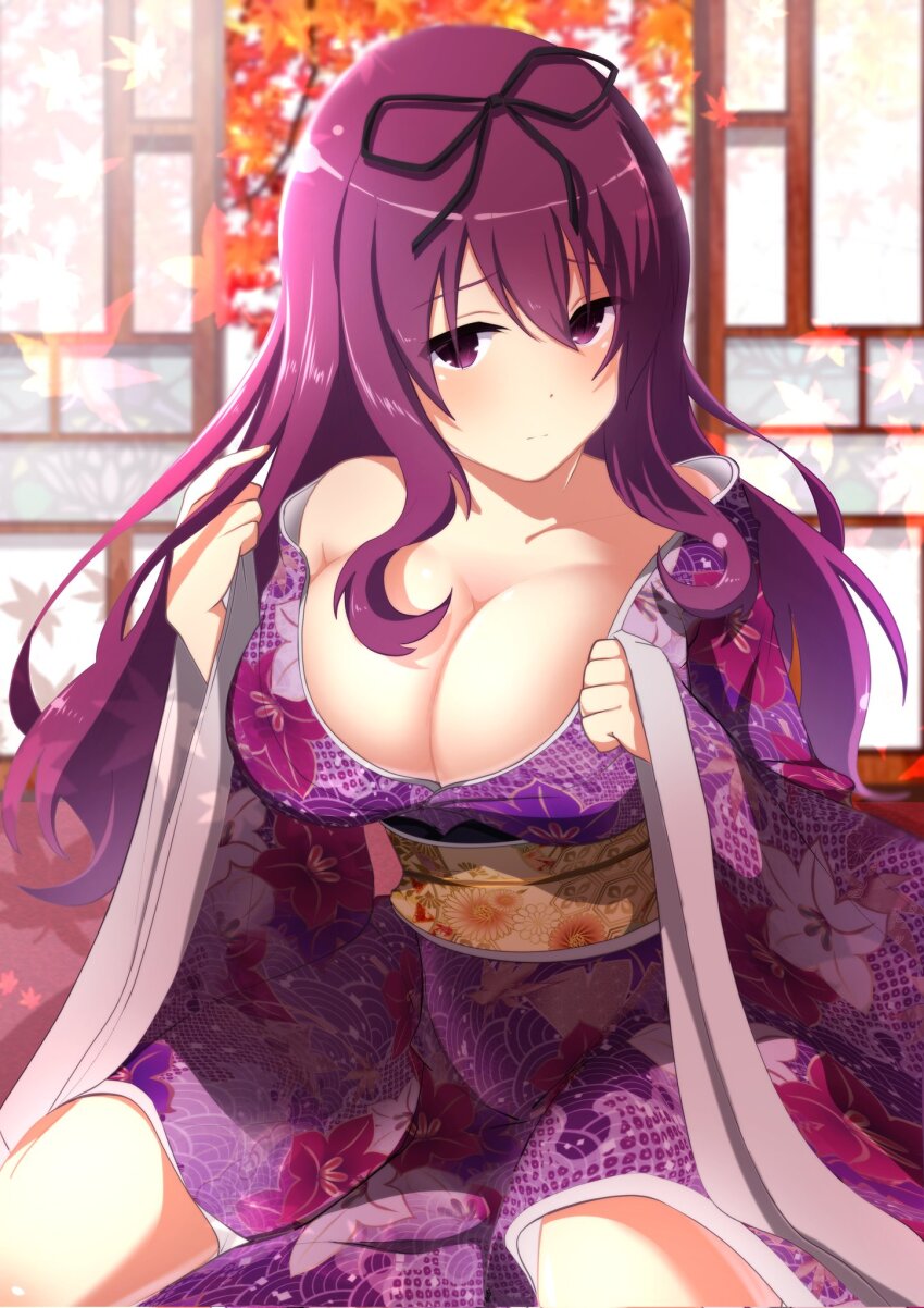 1girl bare_shoulders betterthanbone2 breasts cleavage closed_mouth corrupted_twitter_file highres japanese_clothes large_breasts long_hair looking_at_viewer murasaki_(senran_kagura) purple_eyes purple_hair senran_kagura solo very_long_hair