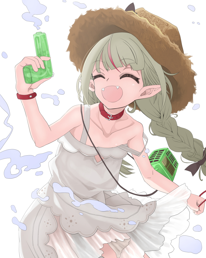 1girl absurdres bangle bare_shoulders belt_collar black_ribbon blunt_bangs bow bracelet braid bug_cage closed_eyes collar collarbone cowboy_shot dress fangs grey_hair hair_ribbon hat hat_bow highres holding holding_water_gun irodori_(irotoridori) jewelry lace_trim leaning_forward long_hair makaino_ririmu makaino_ririmu_(3rd_costume) multicolored_hair nijisanji open_mouth pointy_ears red_collar red_eyes red_hair ribbon see-through_clothes see-through_skirt sidelocks simple_background skirt sleeveless sleeveless_dress smile solo splashing strap_slip straw_hat streaked_hair sundress twin_braids virtual_youtuber water_drop water_gun white_background white_dress yellow_hat