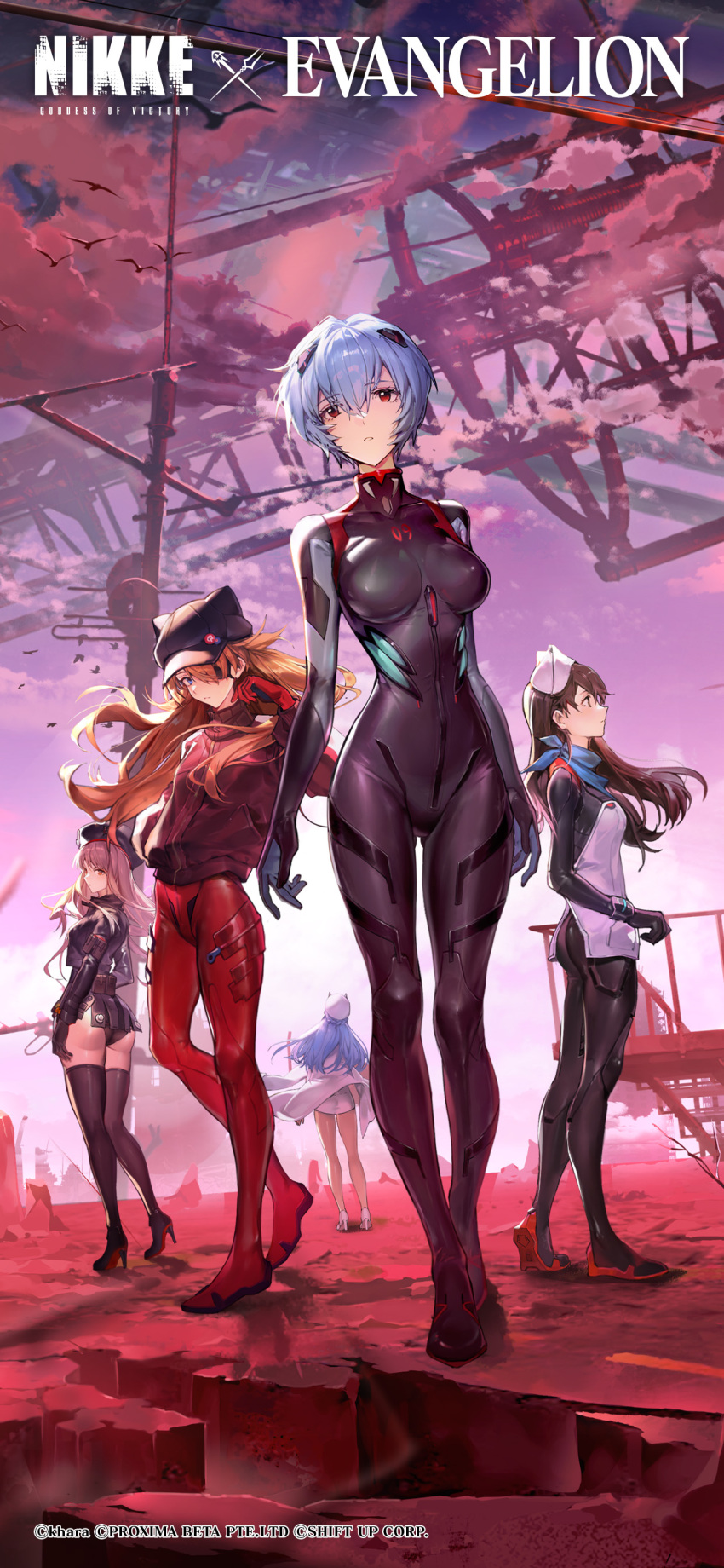 5girls absurdres animal_hat ass ayanami_rei beret black_bodysuit black_hat black_panties black_shirt black_skirt black_thighhighs blue_eyes blue_hair blue_scarf bodysuit bodysuit_under_clothes breasts brown_hair cabbie_hat cat_hat coat commentary crossover english_commentary evangelion:_3.0_you_can_(not)_redo eyepatch full_moon gluteal_fold goddess_of_victory:_nikke bad_tag hair_between_eyes hat helm helm_(nikke) helmet high_heels highres interface_headset_(evangelion) jacket lance_of_longinus_(evangelion) large_breasts long_hair long_sleeves looking_at_viewer mecha_pilot_suit medium_breasts moon multiple_girls neon_genesis_evangelion official_art orange_hair panties pleated_skirt plugsuit_(evangelion) rapi_(nikke) rebuild_of_evangelion red_bodysuit red_eyes red_jacket scarf shirt short_hair skirt souryuu_asuka_langley standing suzuhara_sakura thighhighs underbutt underwear white_coat
