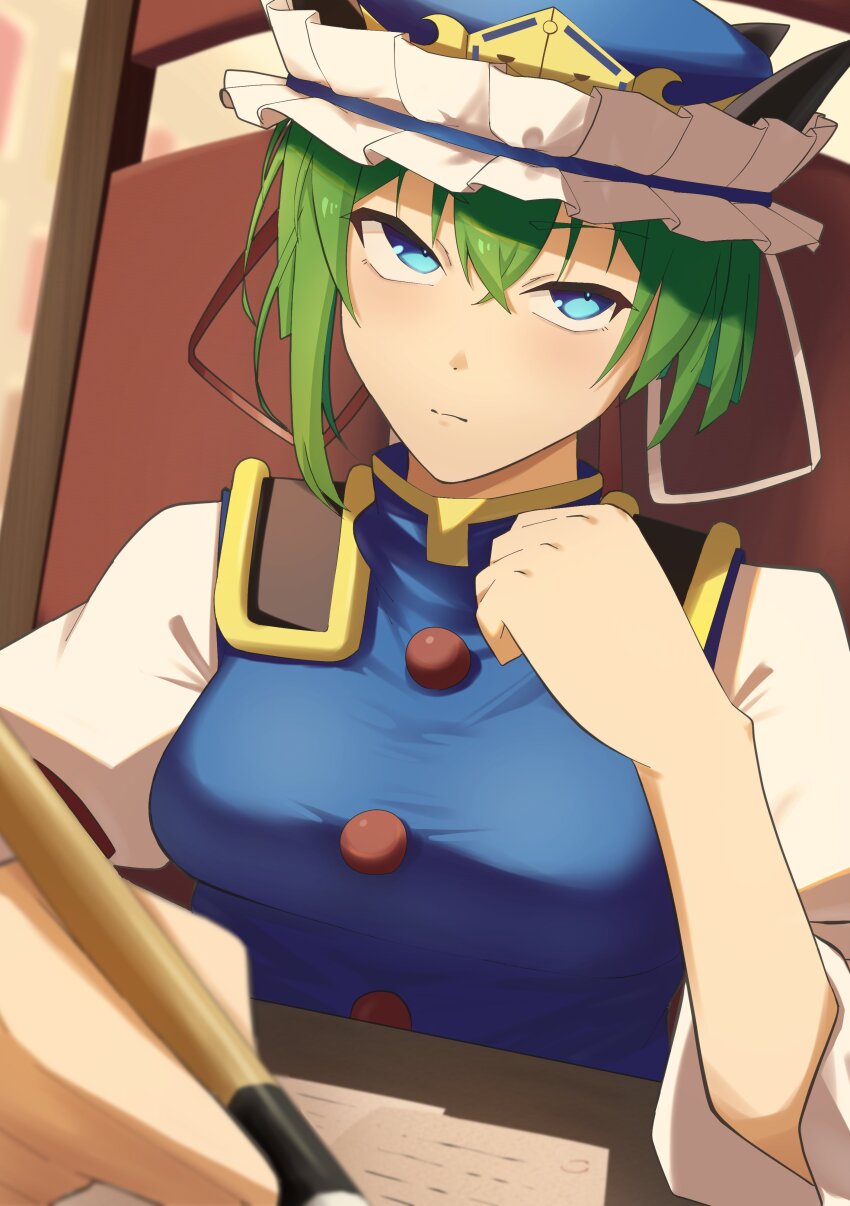 1girl absurdres aqua_eyes asymmetrical_hair blue_hat breasts closed_mouth commentary_request epaulettes frilled_hat frills hat highres holding holding_pen large_breasts looking_at_viewer pen raian_macaroni shiki_eiki short_hair solo touhou upper_body