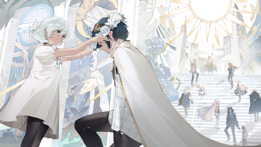 4girls 6+boys basilio_(metaphor:_refantazio) black_pants blonde_hair blue_eyes cape closed_eyes curly_hair dark-skinned_male dark_skin dress eupha_(metaphor:_refantazio) fidelio_(metaphor:_refantazio) flower_wreath gallica_(metaphor:_refantazio) grey_hair grius_(metaphor:_refantazio) halberd head_wreath heismay_(metaphor:_refantazio) highres holding holding_polearm holding_weapon hulkenberg_(metaphor:_refantazio) indoors junah_(metaphor:_refantazio) lirica long_hair metaphor:_refantazio multiple_boys multiple_girls neuras_(metaphor:_refantazio) on_one_knee pants polearm red_hair short_hair strohl_(metaphor:_refantazio) the_prince_(metaphor:_refantazio) very_long_hair weapon white_cape white_dress