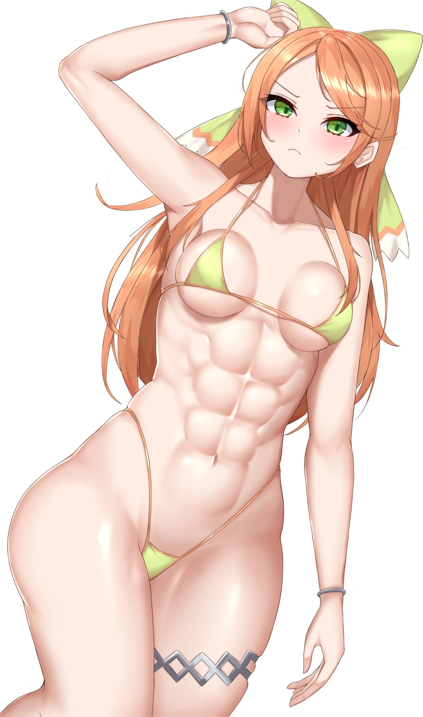 1girl abs absurdres arm_up armpits bare_shoulders bikini blush bracelet breasts collarbone etie_(fire_emblem) fire_emblem fire_emblem_engage frown green_eyes groin hair_ornament highleg highleg_bikini highres jewelry long_hair looking_at_viewer lying medium_breasts micro_bikini muscular muscular_female nintendo orange_hair sharen simple_background solo swimsuit thick_thighs thighs underboob white_background