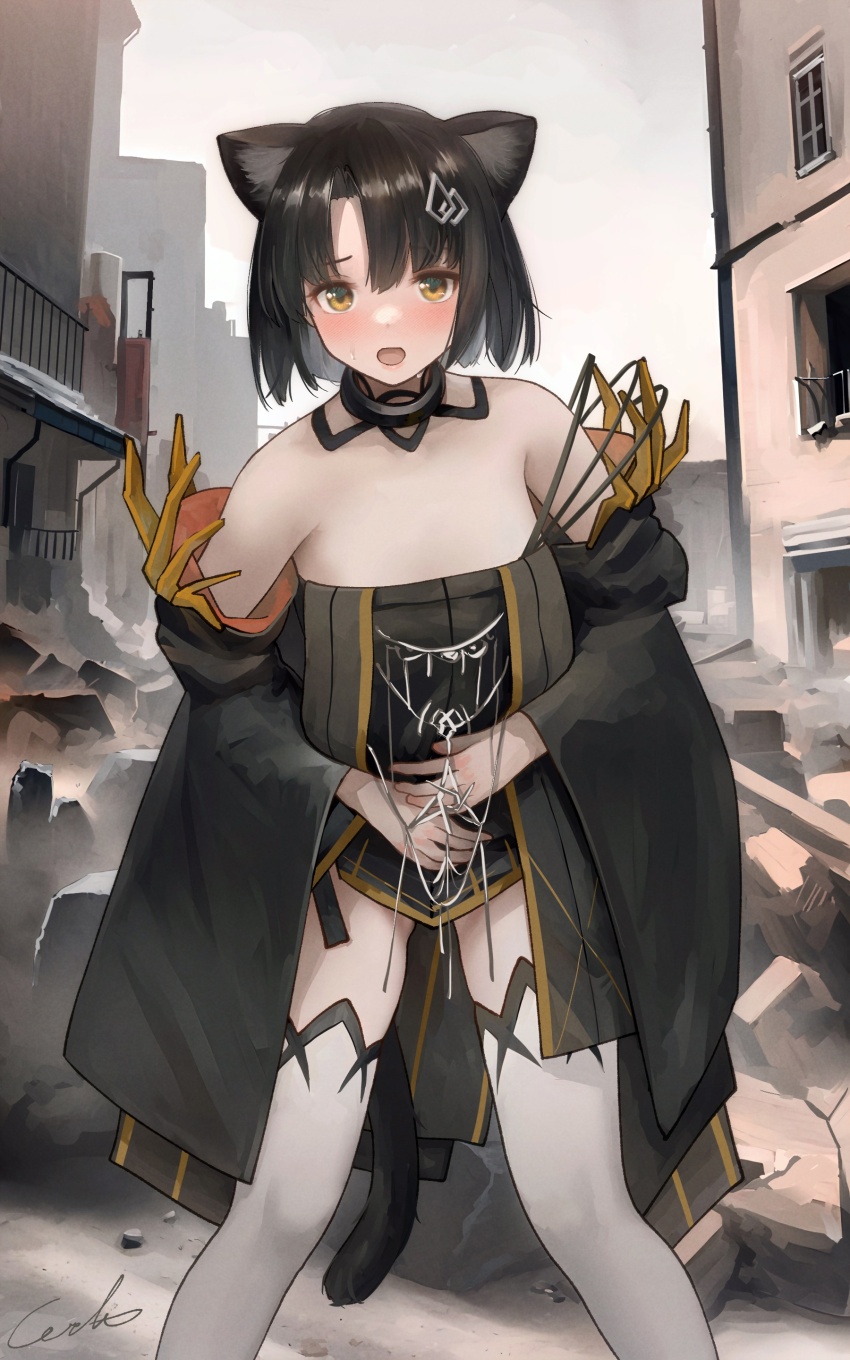 1girl absurdres animal_ears arknights bare_shoulders black_coat black_dress black_hair blush cat_day cat_ears cat_girl cat_tail coat commentary_request covering_stomach debris detached_collar dress hair_ornament hairclip hands_on_own_stomach highres leaning_forward mandragora_(arknights) medium_hair off-shoulder_coat off_shoulder open_mouth outdoors pain solo stomach_ache striped_clothes striped_dress tail thighhighs vertical-striped_clothes vertical-striped_dress welt_(kinsei_koutenkyoku) yellow_eyes