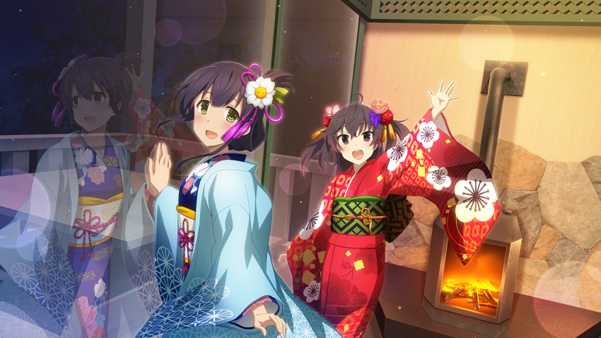 2girls :d ahoge arm_up asakura_mihono black_hair blue_haori blue_kimono brown_hair fireplace floral_print flower folded_ponytail furisode game_cg green_eyes hair_flower hair_ornament haori indoors japanese_clothes kimono long_sleeves looking_at_viewer medium_hair multiple_girls night obi official_art open_mouth orange_eyes print_kimono purple_hair red_kimono reflection sash smile standing toji_no_miko toji_no_miko:_kizamishi_issen_no_tomoshibi two_side_up wide_sleeves yanase_mai