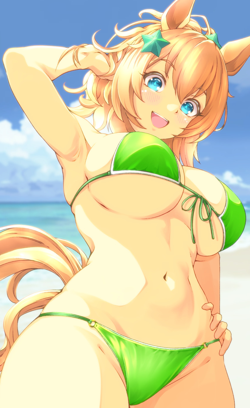 1girl animal_ears bikini blue_eyes blue_sky breasts cloud commentary day green_bikini hair_ornament hand_on_own_hip highres horse_ears horse_girl horse_tail kaicho_(kaicho_p) large_breasts ocean open_mouth orange_hair outdoors sky solo star_(symbol) star_hair_ornament swimsuit taiki_shuttle_(umamusume) tail umamusume