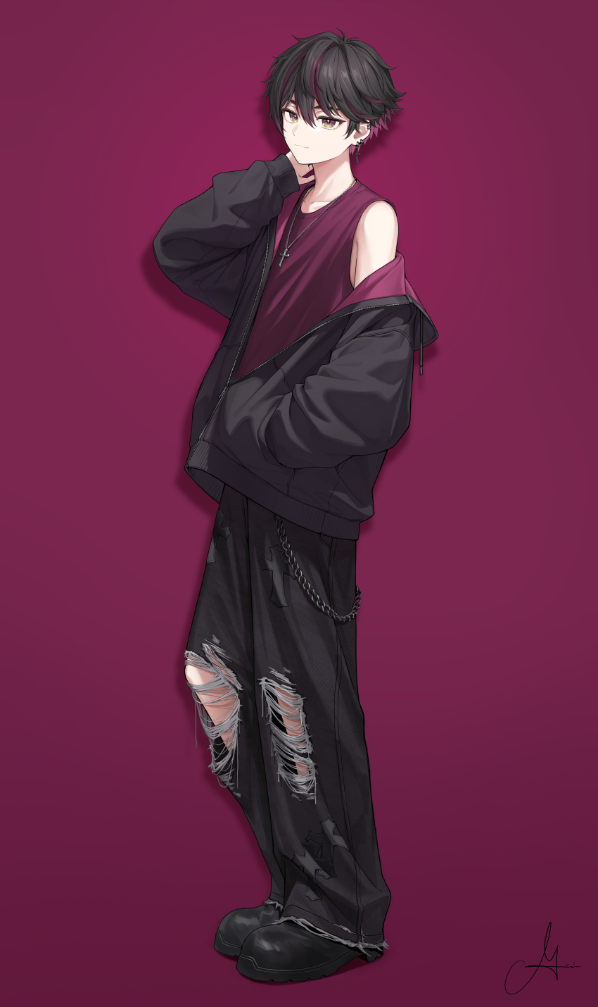 1boy absurdres black_hair black_jacket black_pants black_shoes bokuhakiyoshi closed_mouth cross cross_earrings cross_necklace ear_piercing earrings full_body highres jacket jewelry looking_at_viewer male_focus multicolored_hair necklace nijisanji off_shoulder open_clothes open_jacket pants piercing purple_eyes purple_hair red_background sakayori_soma shoes signature solo standing tank_top torn_clothes torn_pants virtual_youtuber