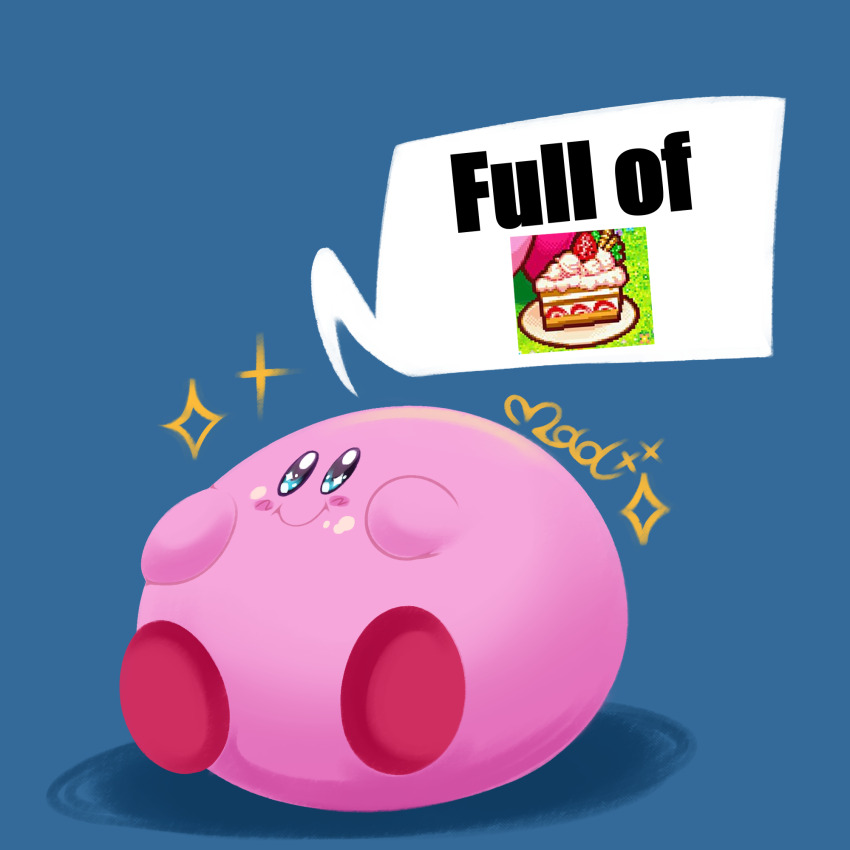 blue_background blush_stickers cake cake_slice colored_skin food full_of_x_(meme) highres kirby kirby&#039;s_dream_buffet kirby:_squeak_squad kirby_(series) meme nintendo no_humans pink_skin simple_background smile solo sparkle strawberry_shortcake the_mad_fanatic