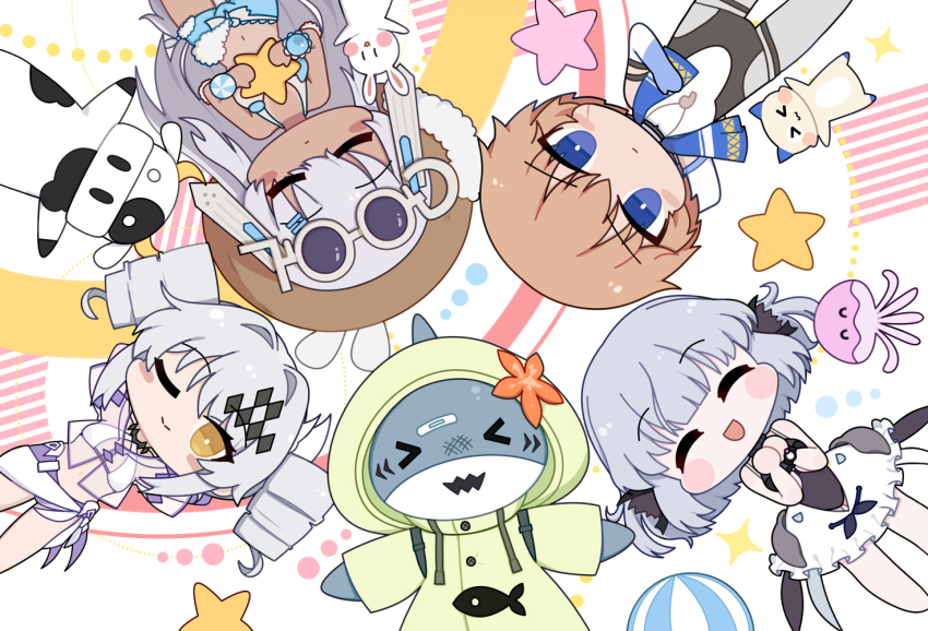&gt;_&lt; 1boy 3girls :d alpha_(pgr) arms_behind_head ball beachball bikini bikini_top_only blue_eyes blue_shorts bright_pupils brown_hat cat chibi chibi_only chinese_commentary closed_eyes closed_mouth commentary_request cow drill_hair euyueuy eyewear_on_head facing_viewer fins grey_hair hair_ornament hand_on_own_chest hands_up hat head_fins holding holding_star jellyfish karenina:_ember_(deed_of_snow_leopard)_(pgr) karenina_(pgr) lee:_entropy_(oceanic_blues)_(pgr) lee_(pgr) liv:_luminance_(puella_subnautica)_(pgr) liv_(pgr) looking_at_viewer lucia:_crimson_abyss_(seaside_sunbath)_(pgr) multiple_girls navel one_eye_closed open_mouth orange_hair punishing:_gray_raven rabbit raincoat sarong sharkspeare_(pgr) short_hair shorts skirt smile star_(symbol) stomach sunglasses swimsuit tan towel towel_around_neck twin_drills whistle whistle_around_neck white_bikini white_pupils white_sarong white_skirt yellow_eyes yellow_raincoat