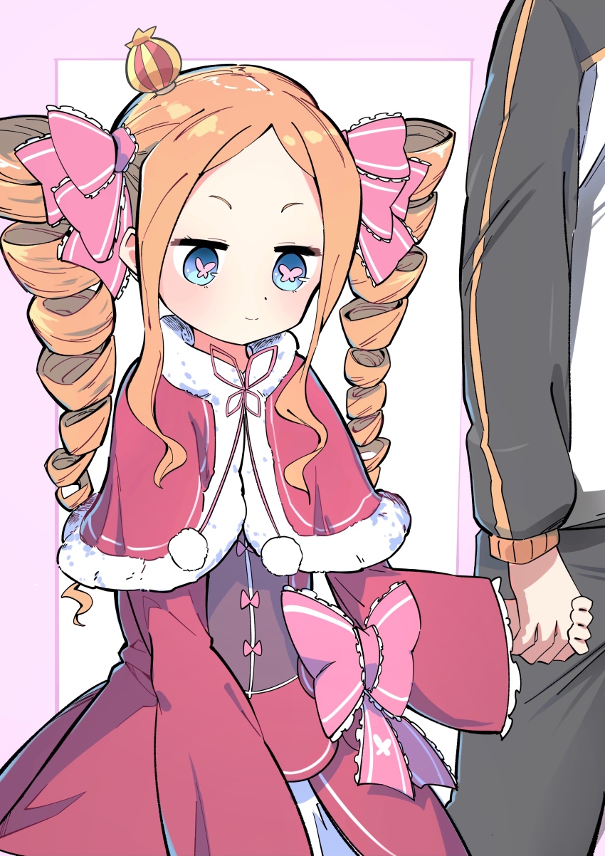1boy 1girl absurdres beatrice_(re:zero) black_jacket black_pants blonde_hair blue_eyes border bow butterfly-shaped_pupils capelet crown dress dress_bow drill_hair frilled_dress frilled_sleeves frills fur-trimmed_capelet fur_trim hair_ribbon hanten_(hantennano) highres holding_hands jacket long_hair mini_crown multicolored_jacket natsuki_subaru pants parted_bangs pink_border pink_bow pink_ribbon re:zero_kara_hajimeru_isekai_seikatsu red_capelet red_dress ribbon sidelocks smile symbol-shaped_pupils track_jacket track_pants twin_drills two-tone_jacket white_background white_jacket wide_sleeves