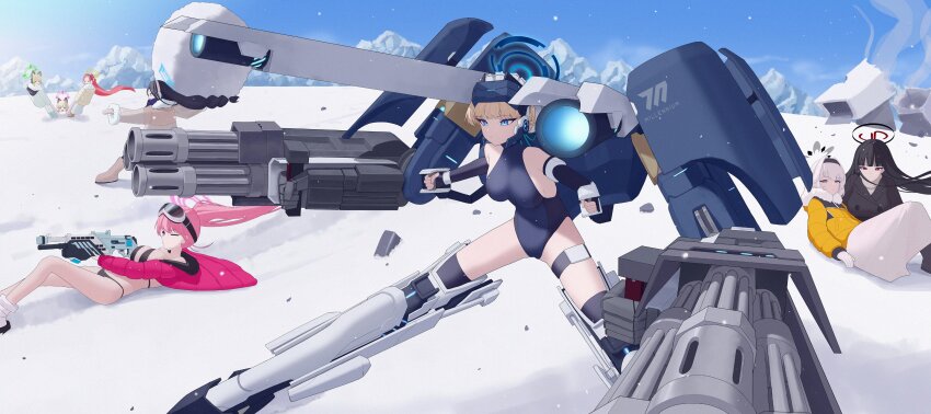 absurdres alternate_costume animal_ear_headphones animal_ears aris_(blue_archive) bare_shoulders bikini black_bikini black_coat black_gloves black_hair black_hairband black_shoes black_thighhighs blank_eyes blonde_hair blue_archive blue_eyes blue_leotard blue_scarf boots brown_boots brown_jacket cat_ear_headphones closed_eyes closed_mouth coat eimi_(blue_archive) eimi_(swimsuit)_(blue_archive) elbow_gloves fake_animal_ears fingerless_gloves forehead fur_collar gloves goggles goggles_on_head gun hairband head-mounted_display headphones highres himari_(blue_archive) holding holding_gun holding_hands holding_weapon jacket leotard long_hair maji_(majidesu3) mecha_pilot_suit midori_(blue_archive) momoi_(blue_archive) official_alternate_costume official_alternate_hairstyle one_eye_closed open_mouth pink_eyes pink_hair pink_jacket pointy_ears pump_action purple_eyes red_eyes red_hair rifle rio_(blue_archive) scarf shirt shoes shotgun sidelocks skirt sliding smile snow snow_goggles spas-12 swimsuit thighhighs toki_(abi-eshuh)_(blue_archive) toki_(blue_archive) turtleneck turtleneck_shirt very_long_hair weapon white_gloves white_hair white_jacket white_shirt white_shoes white_skirt yellow_jacket yuzu_(blue_archive)