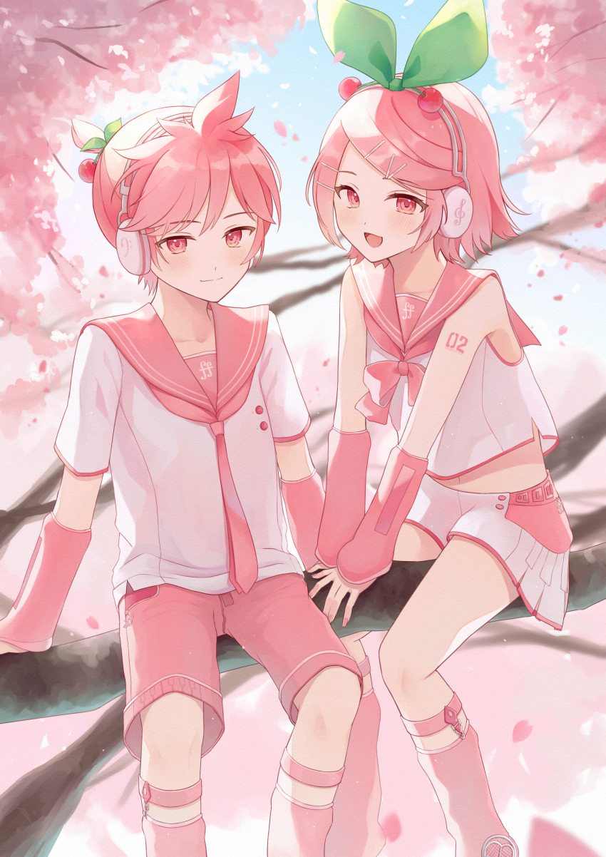 1boy 1girl absurdres alternate_eye_color alternate_hair_color blush bow bowtie cherry_blossoms closed_eyes hair_between_eyes hair_ornament hairclip headphones highres hisui_ame kagamine_len kagamine_rin long_hair midriff navel neckerchief necktie on_tree open_mouth pink_bow pink_bowtie pink_eyes pink_hair pink_nails pink_neckerchief pink_necktie pink_shorts pink_sleeves sakura_len sakura_rin shirt short_hair shorts skirt vocaloid white_shirt white_skirt