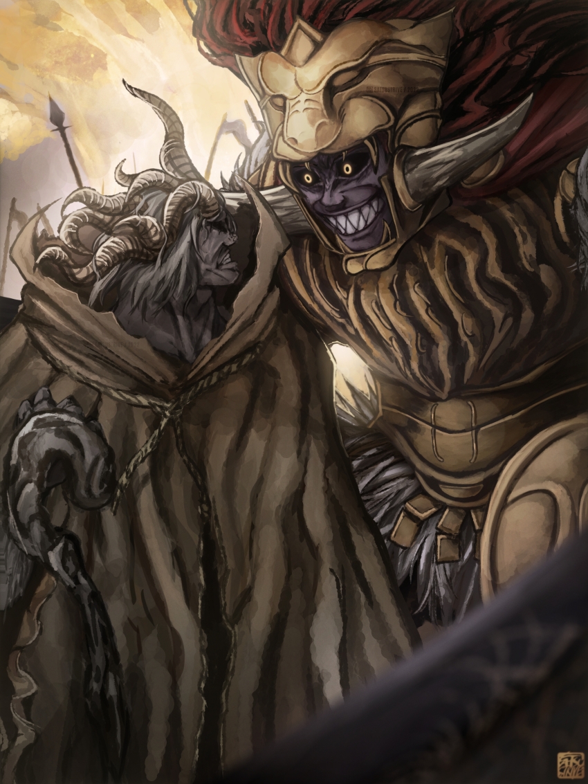 2boys absurdres armor asymmetrical_horns banner battle battle_standard breastplate brown_cloak brown_robe cape cloak commentary dual_wielding elden_ring english_commentary evil_grin evil_smile face-to-face fake_horns full_armor gold_armor grin helmet highres holding holding_sword holding_weapon horned_helmet horns long_hair mismatched_horns morgott_the_omen_king multiple_boys ornate_armor cleaning_rag red_cape red_hair robe satsu-strive sharp_teeth shoulder_armor signature smile starscourge_radahn sword teeth twin_blades uneven_horns war_banner weapon white_hair yellow_eyes