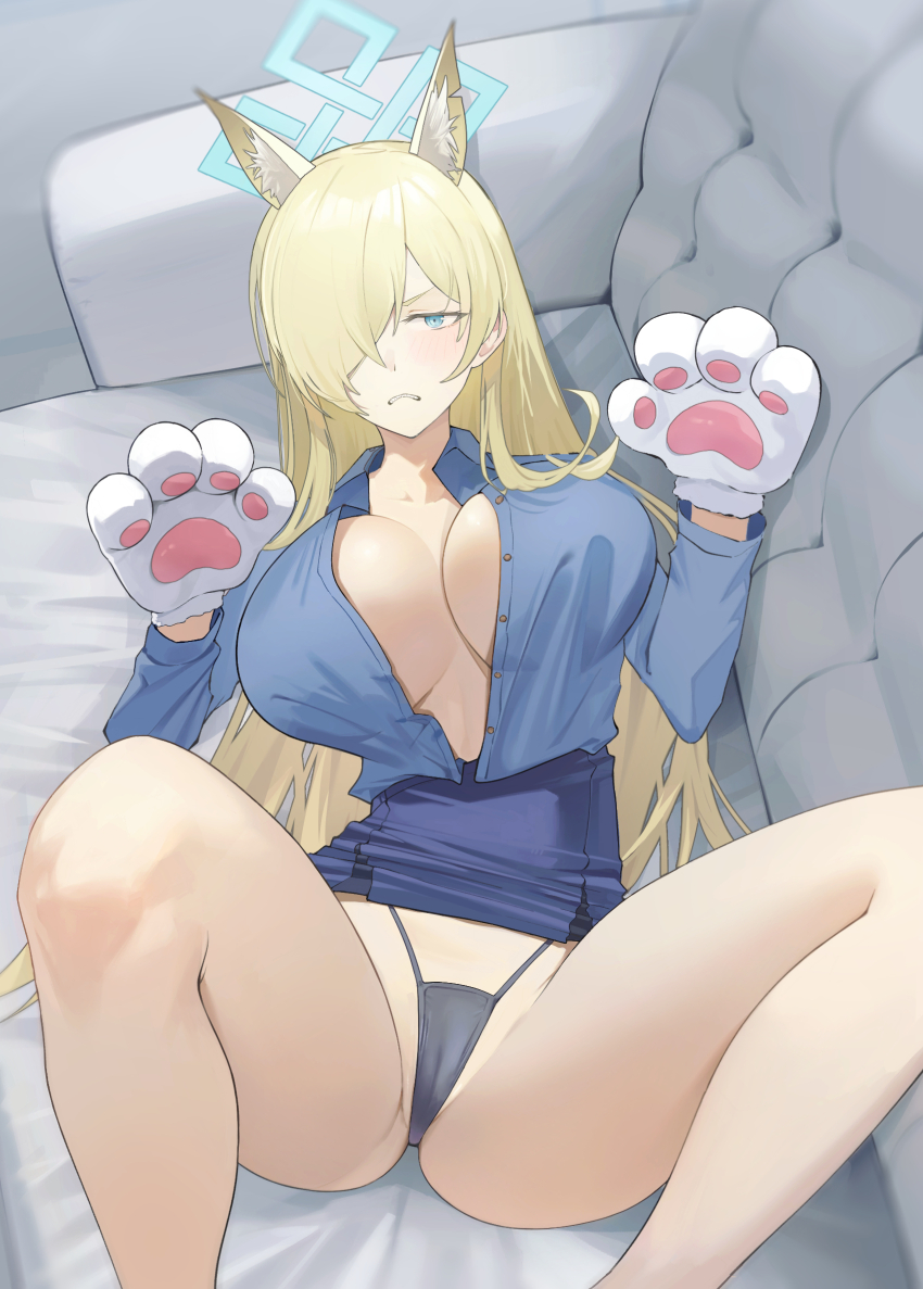1girl animal_ear_fluff animal_ears animal_hands blonde_hair blue_archive blue_eyes blue_halo blue_panties blue_shirt blue_skirt breasts cameltoe cleavage collarbone couch dog_ears extra_ears gloves groin hair_over_one_eye halo highres jiuzaiqianjitian kanna_(blue_archive) large_breasts long_hair lying notched_ear on_couch open_clothes open_shirt panties paw_gloves rectangular_halo sharp_teeth shirt skirt solo teeth thighs underwear