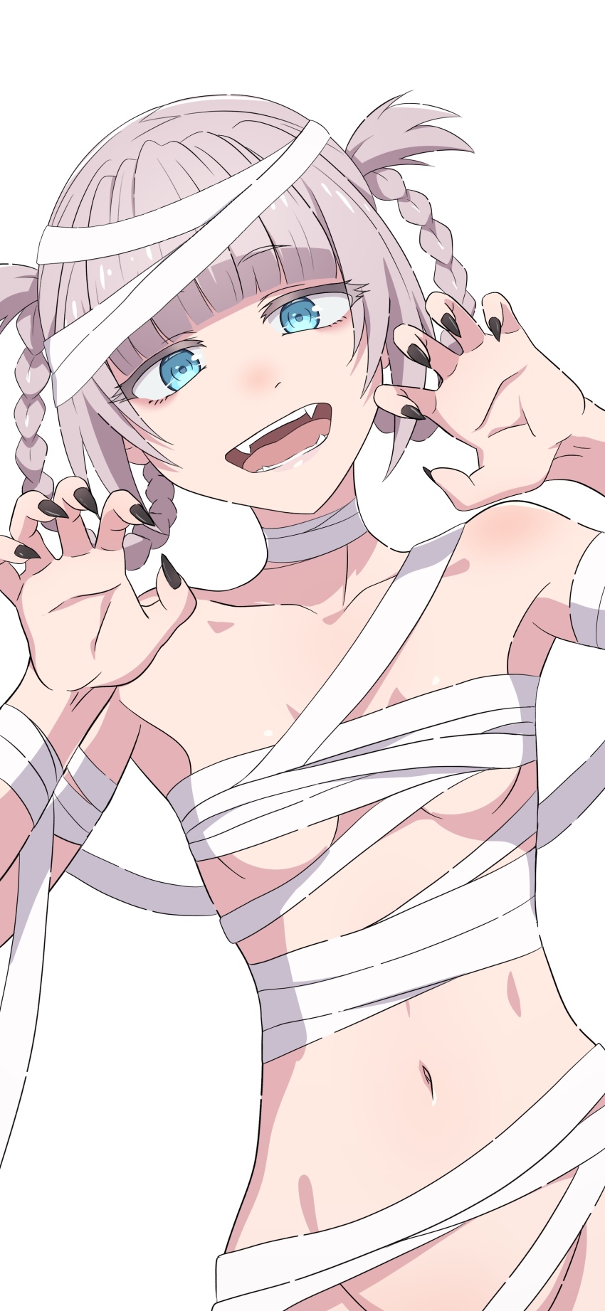 absurdres ancient_egyptian aqua_eyes bandaged_arm bandaged_chest bandaged_head bandages black_nails braid braided_hair_rings breasts claw_pose fangs hair_rings halloween halloween_costume highres midriff mummy mummy_costume na-suke naked_bandage nanakusa_nazuna_(yofukashi_no_uta) navel open_mouth simple_background small_breasts smile stomach vampire white_background yofukashi_no_uta